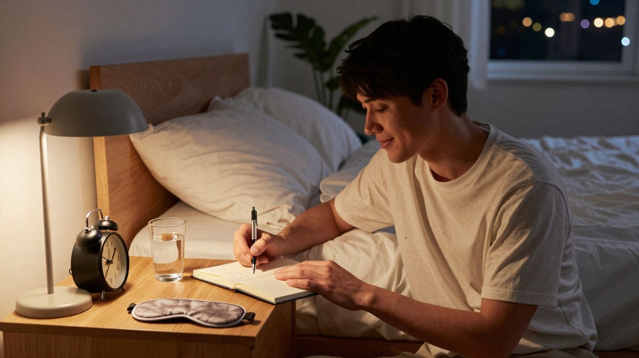 Homem sentado na cama a escrever num caderno, com luz de candeeiro e máscara de dormir na mesa de cabeceira.