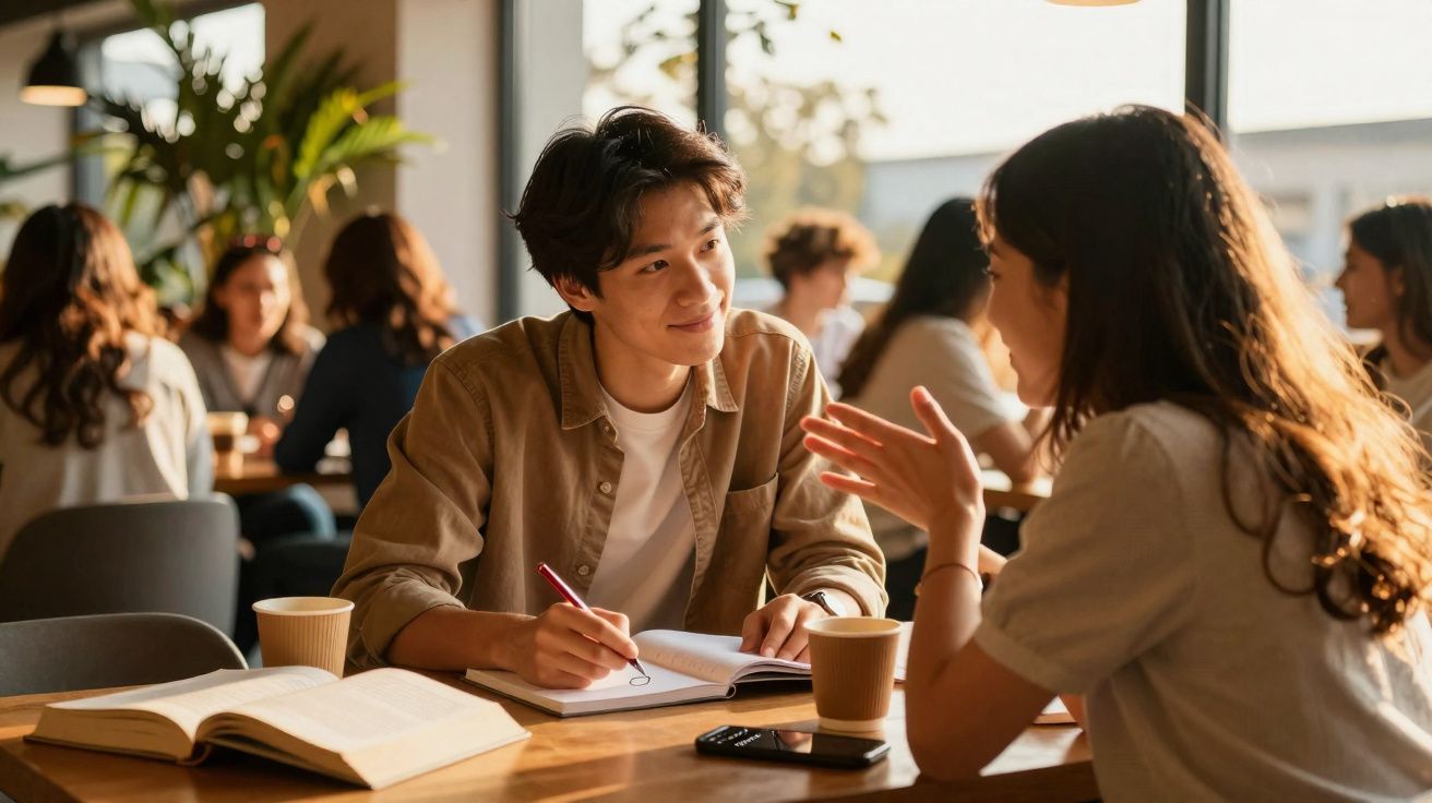 Dois jovens conversam e estudam juntos numa cafetaria com outras pessoas ao fundo.