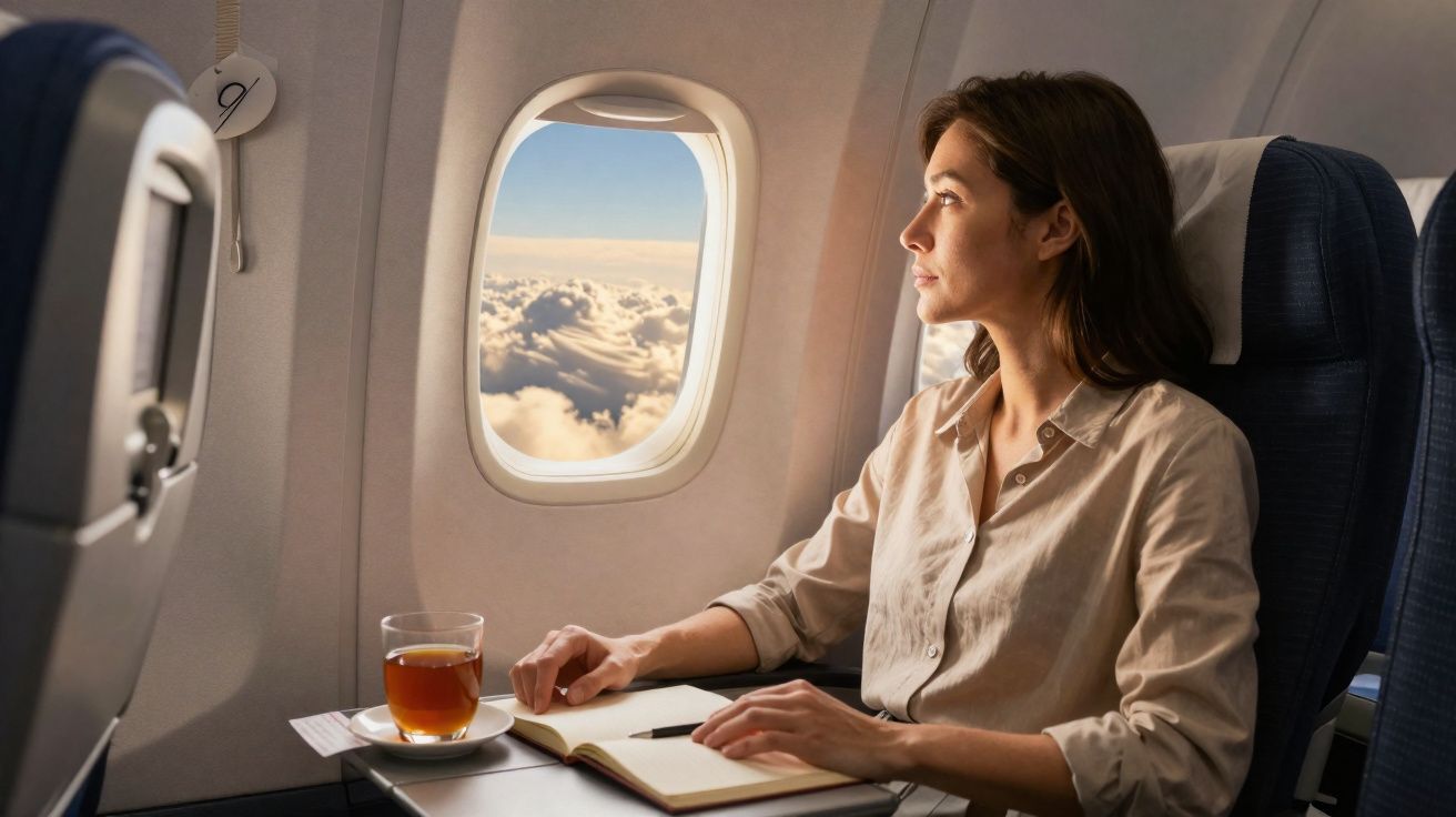 Mulher sentada no avião a olhar pela janela, com chá e caderno na mesa à sua frente.