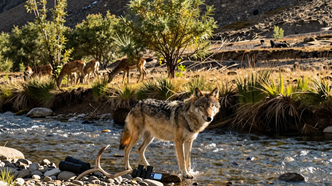 Lobo junto a um riacho com animais ao longe numa paisagem natural iluminada pelo sol.