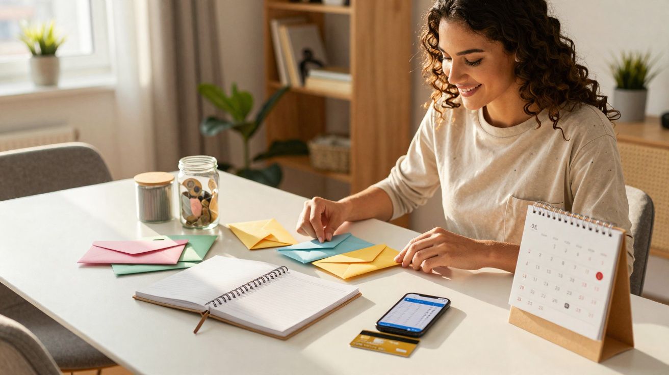 Mulher sorridente sentada à mesa organizando envelopes coloridos com caderno, smartphone e calendário à sua frente.