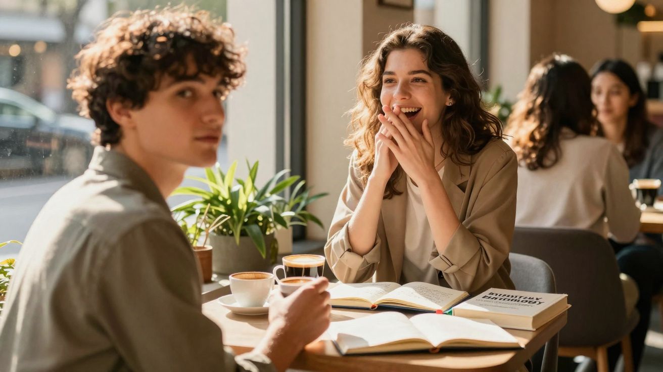 Duas pessoas sentadas a conversar e a beber café numa mesa com livros num café iluminado pela manhã.