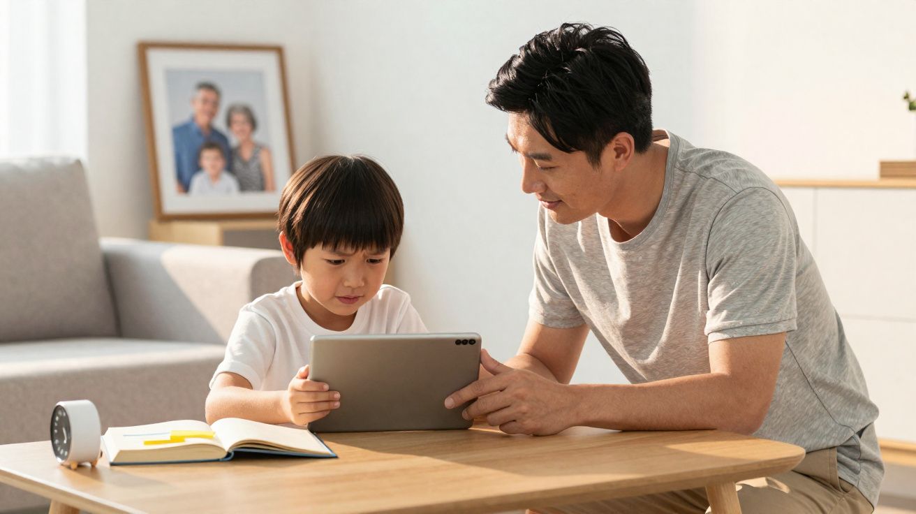 Pai e filho asiáticos a usar um tablet enquanto estão sentados numa sala de estar iluminada e acolhedora.