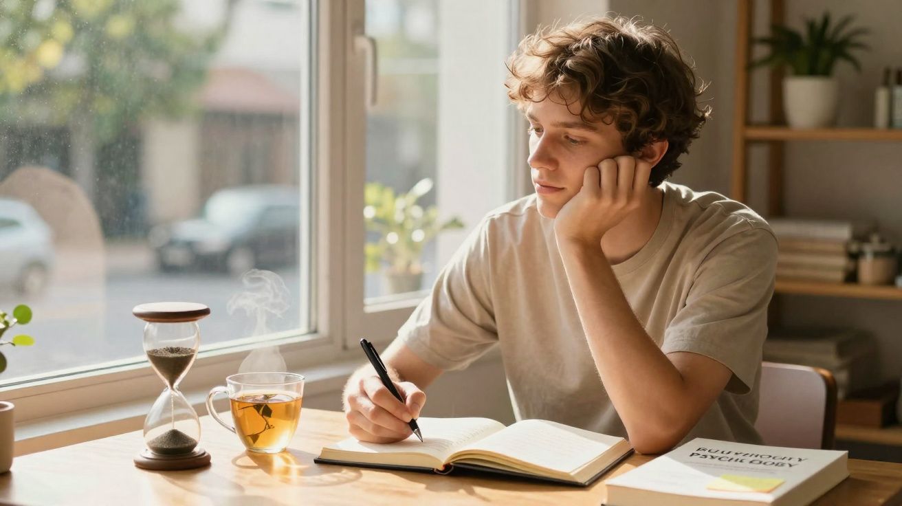 Jovem sentado junto a uma janela, a escrever num caderno com chá e ampulheta na secretária.