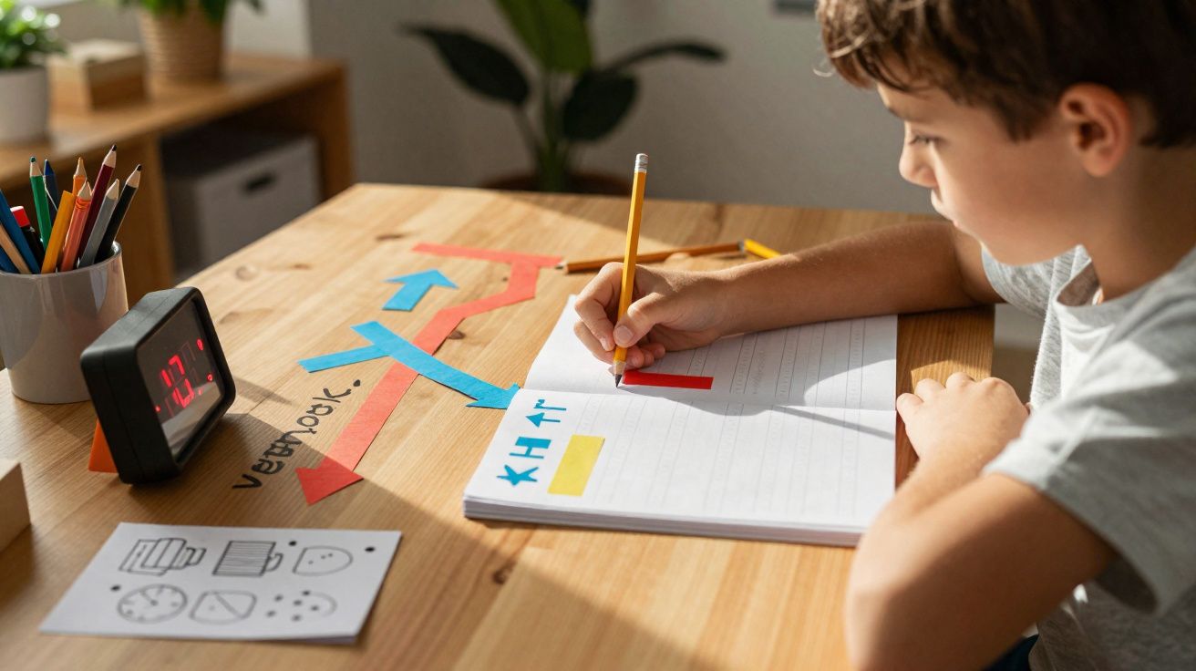 Criança a fazer lição de casa com lápis, caderno, relógio digital e apontamentos coloridos numa mesa de madeira.