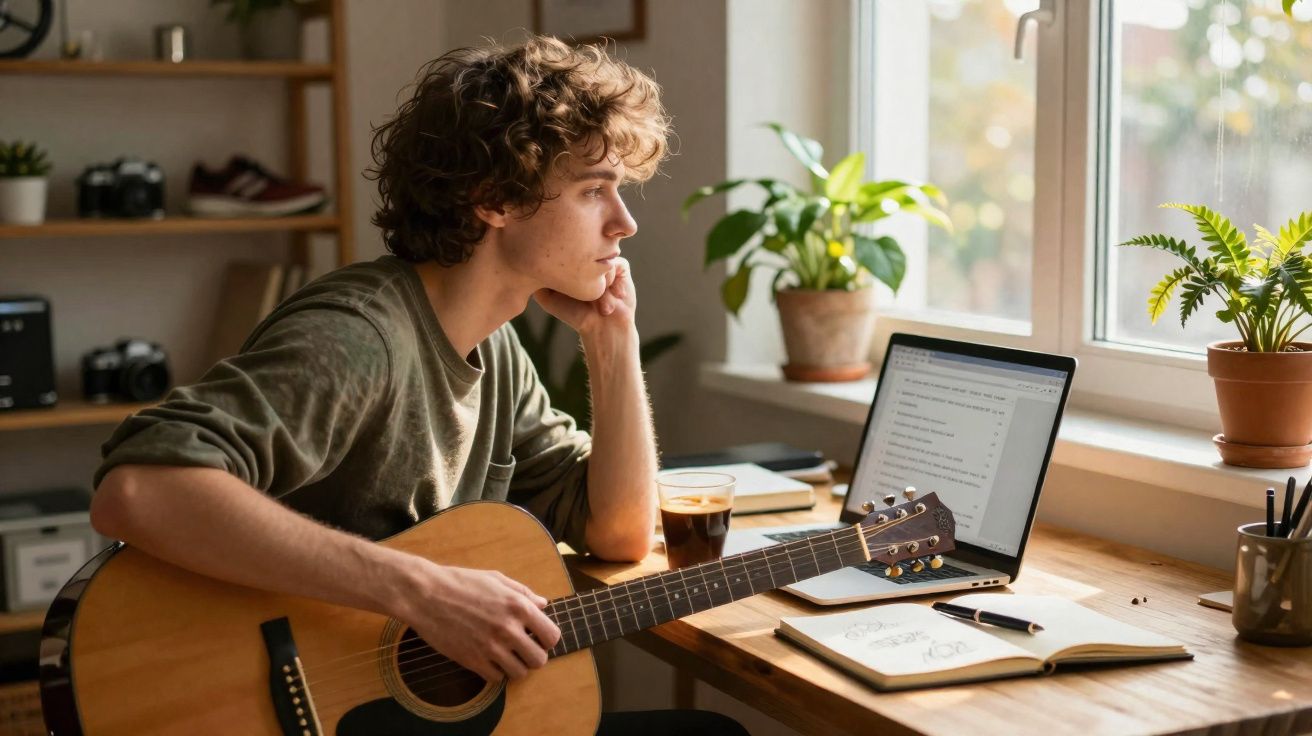Jovem com guitarra sentado numa secretária junto à janela, olhando para um ecrã de computador portátil.