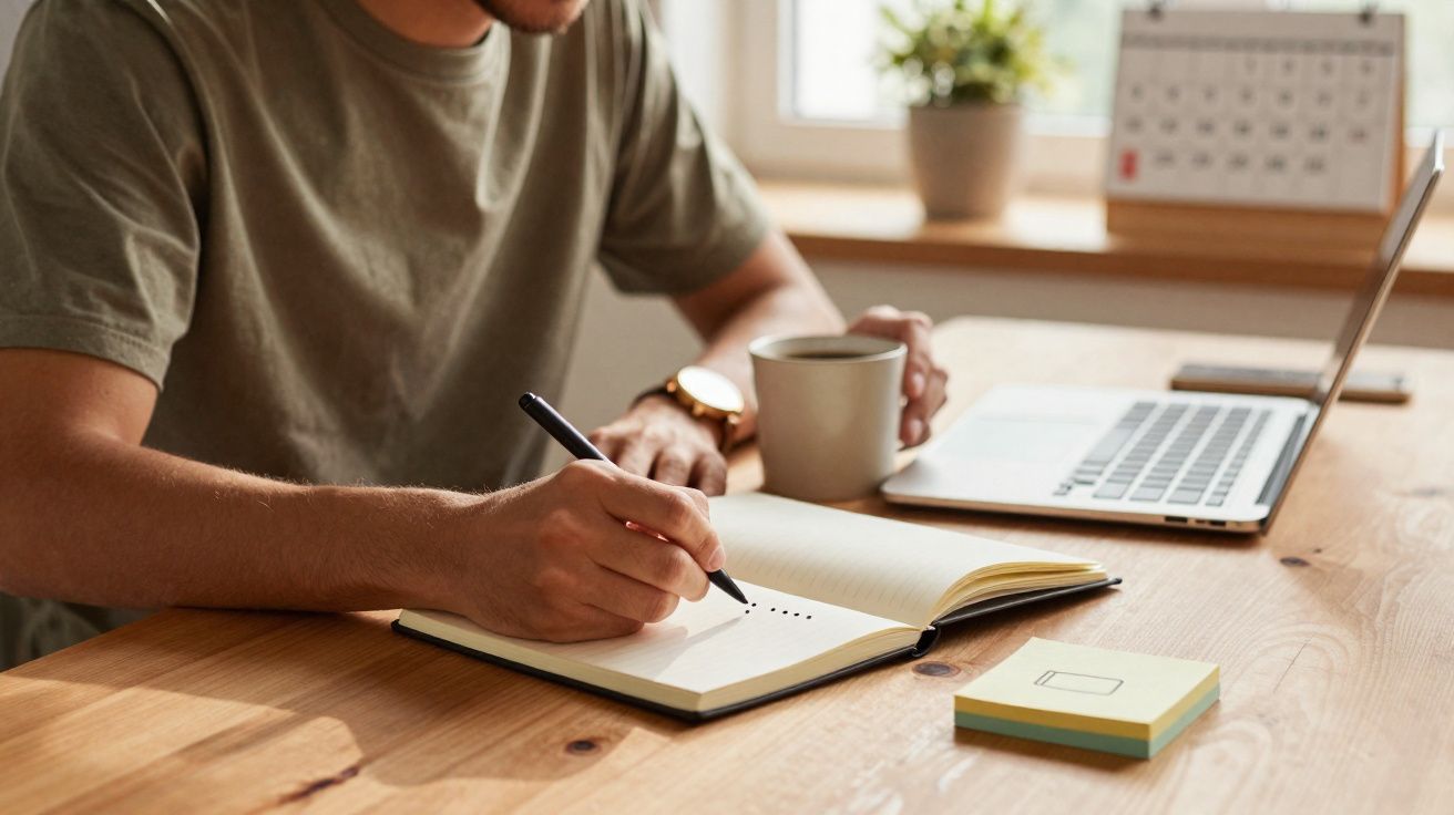 Pessoa a escrever num caderno com uma mão e a segurar uma chávena com a outra, com portátil à sua frente.