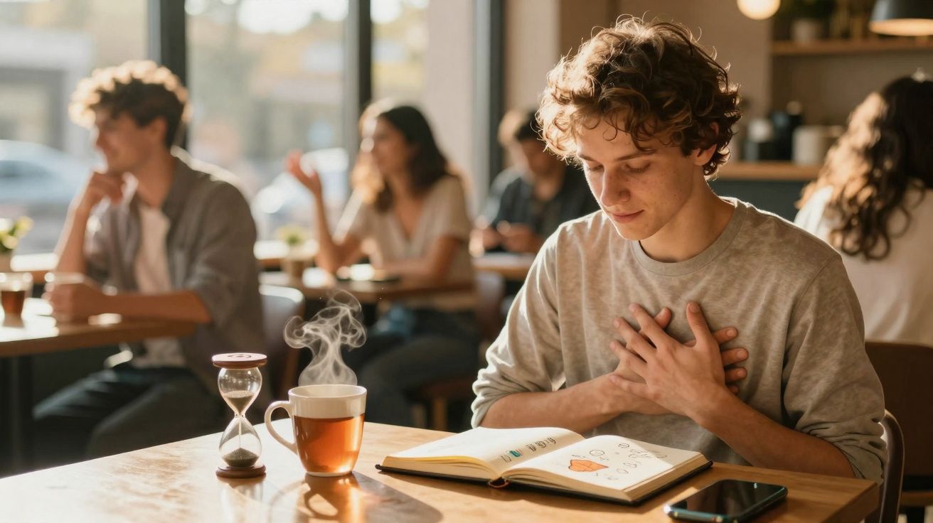 Jovem sentado numa mesa de café a ler um livro, com chá quente e ampulheta ao lado.