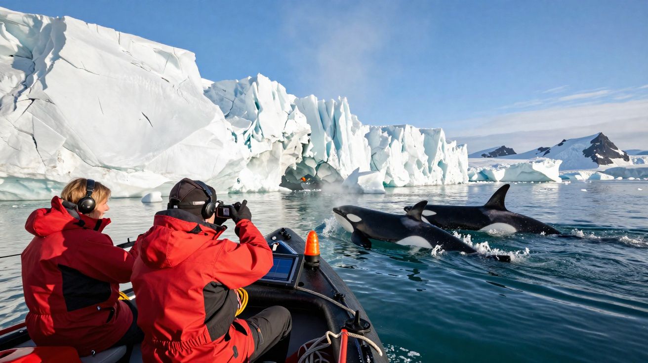 Duas pessoas num barco a observar e fotografar orcas a nadar perto de blocos de gelo num mar calmo.