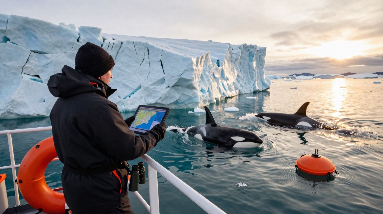 Pessoa com tablet observa orcas perto de iceberg em mar gelado ao pôr do sol.
