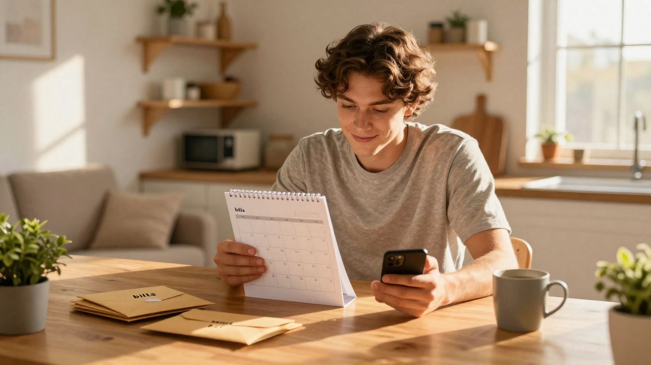 Jovem sentado à mesa a consultar calendário e telemóvel, com envelopes e caneca à sua frente numa cozinha iluminada.