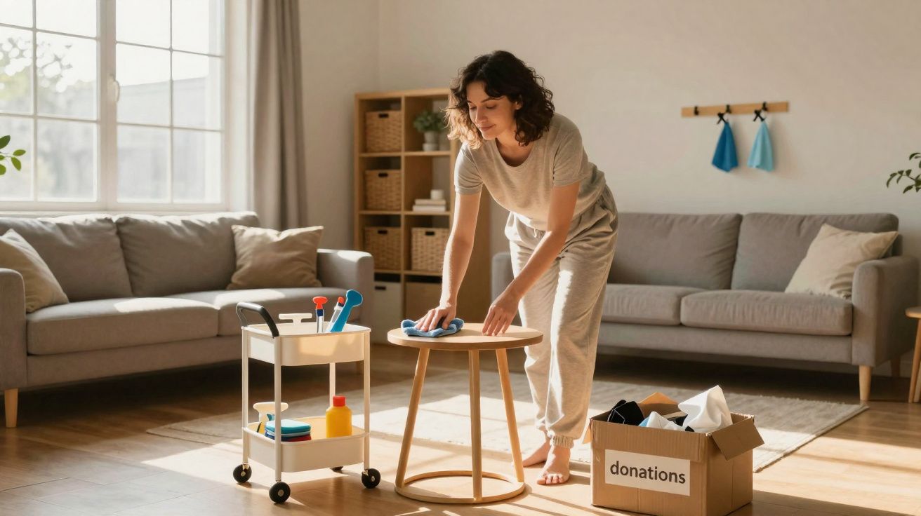 Mulher a limpar uma mesa de madeira numa sala de estar com sofás e uma caixa de donativos.