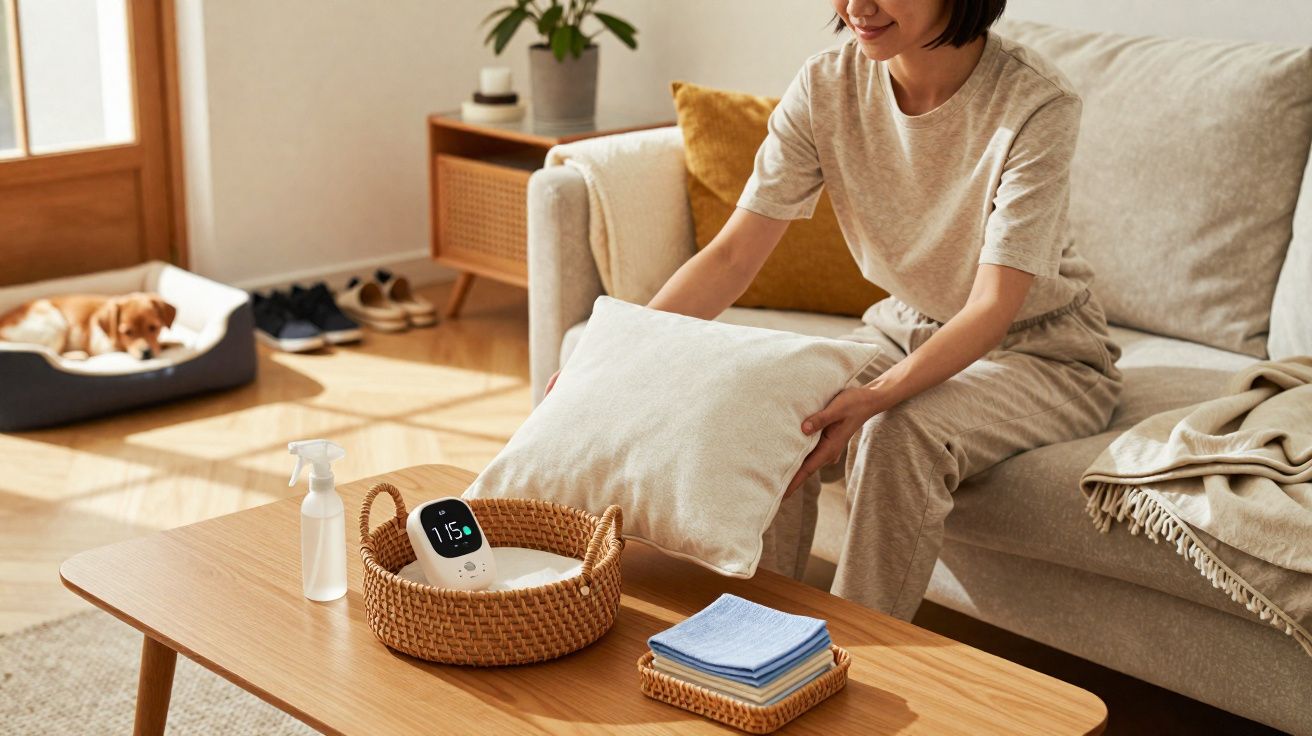 Pessoa a limpar almofada numa sala com cão a dormir numa cama ao fundo, mesa com dispositivo e manta.