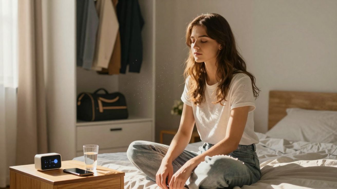 Mulher com olhos fechados sentada na cama de um quarto iluminado pela luz natural.