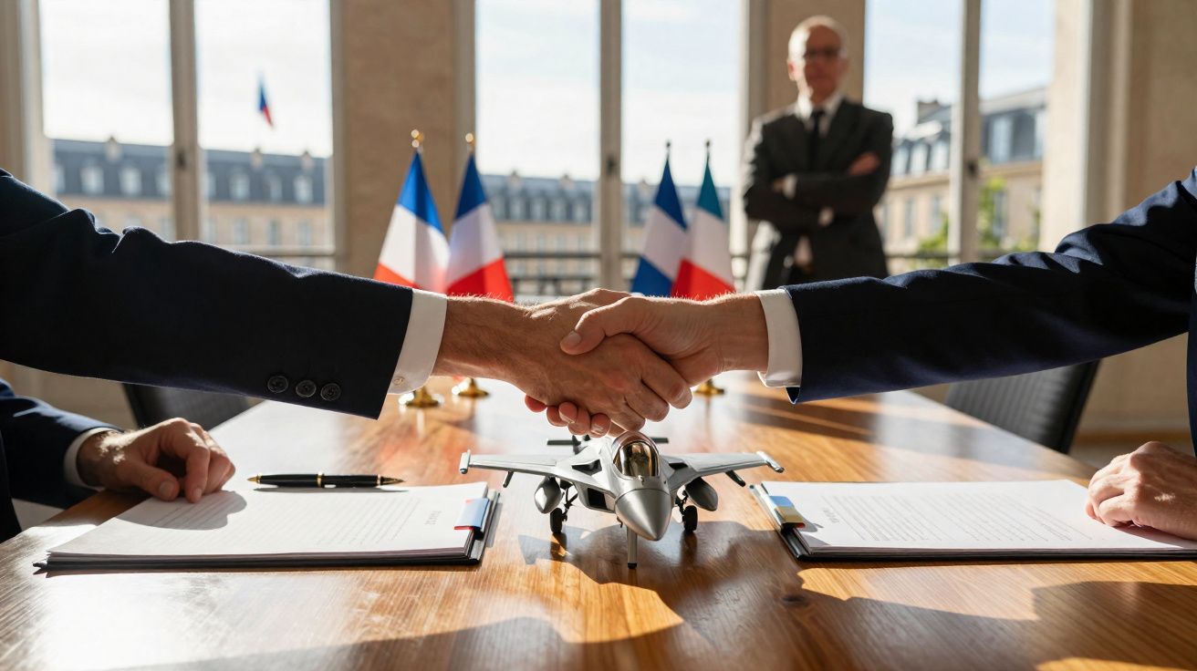 Duas pessoas a apertar as mãos sobre uma mesa com documentos, maquete de avião e bandeiras de França ao fundo.