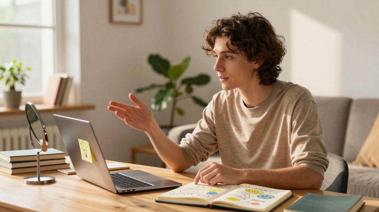 Jovem sentado a estudar e participar numa videochamada com caderno aberto e computador portátil numa mesa.