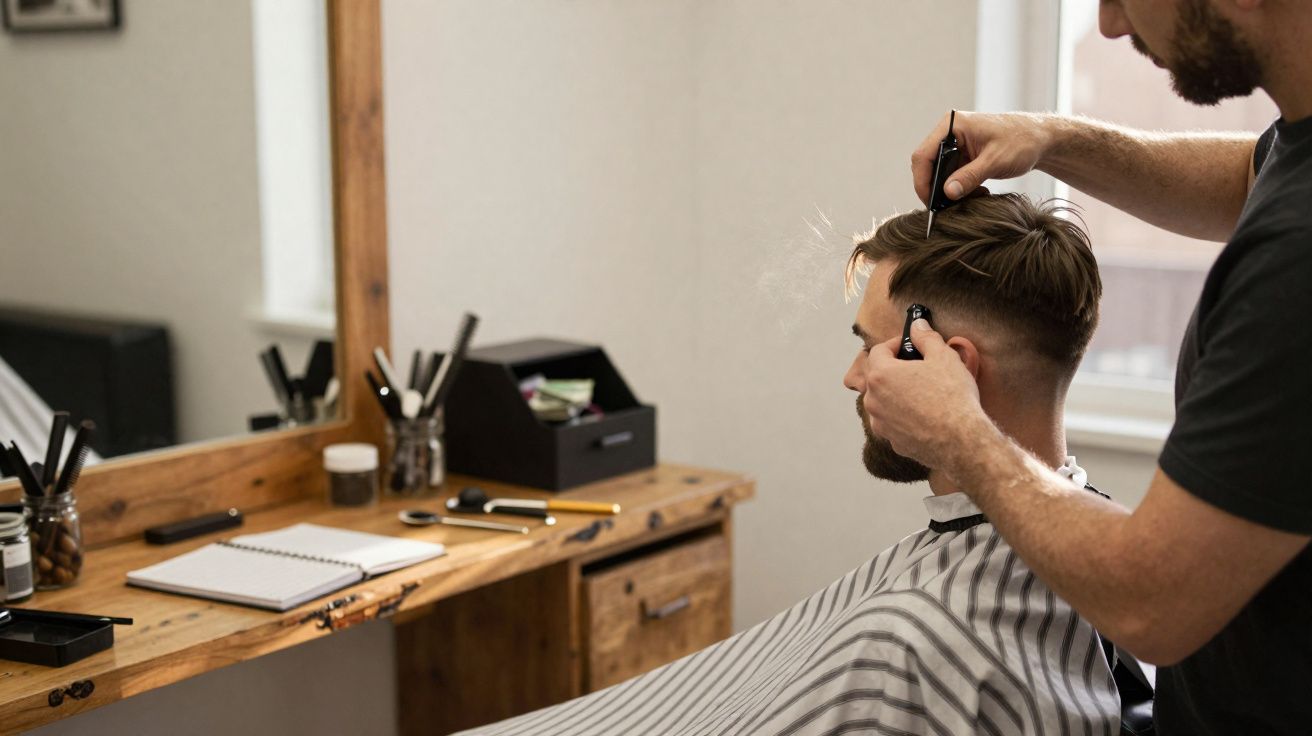 Barbeiro a cortar cabelo de cliente com máquina num salão com espelho e mesa de madeira.