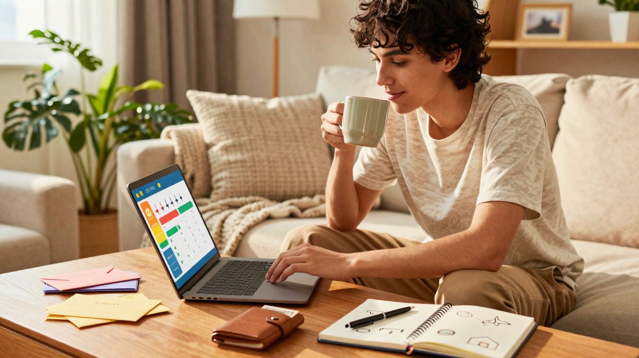 Pessoa jovem sentada no sofá a beber chá e usar um computador portátil sobre a mesa de café.
