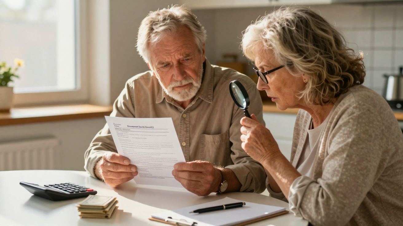Casal sénior sentado a uma mesa, analisando documentos com uma lupa e calculadora à vista.