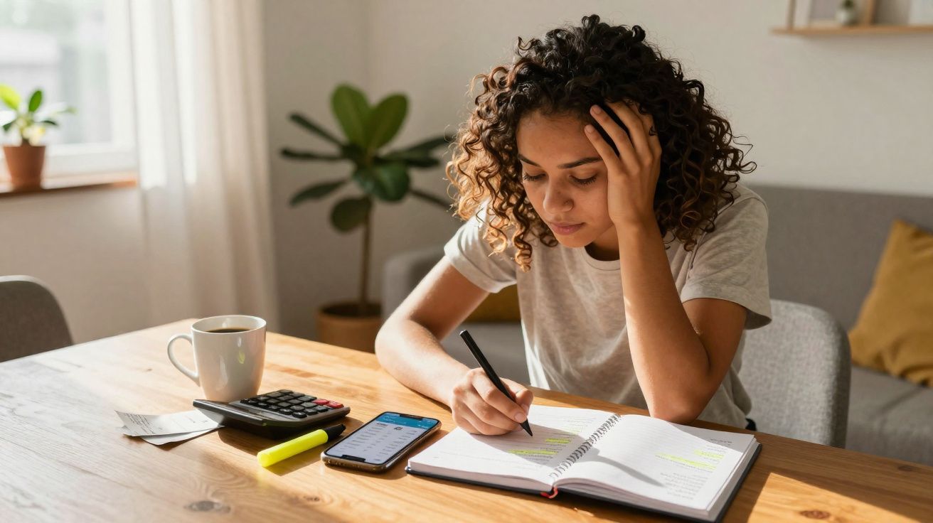 Mulher concentrada a fazer anotações e calcular despesas numa agenda com caneca, calculator e telemóvel à mesa.