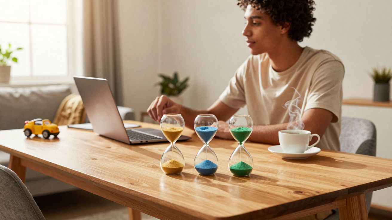 Pessoa a trabalhar num portátil numa mesa com três ampulhetas coloridas e uma chávena de café quente.
