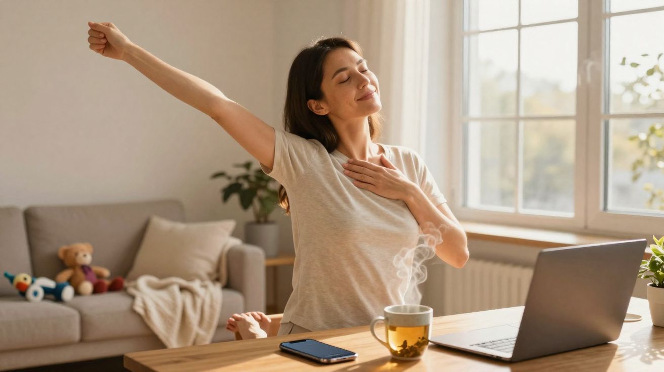 Mulher despenteada espreguiçando-se sentada à mesa com computador, chá e telemóvel numa sala iluminada.