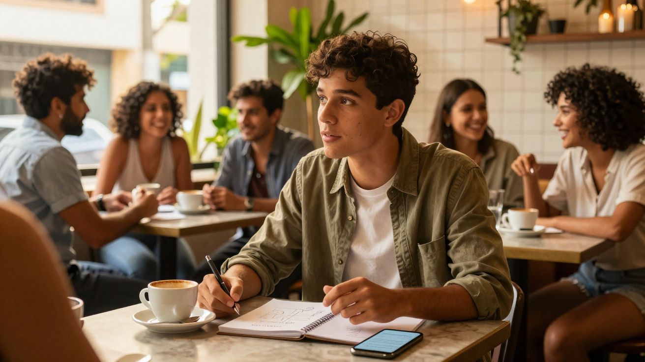 Jovem sentado num café a escrever num caderno, com um grupo de amigos a conversar ao fundo.