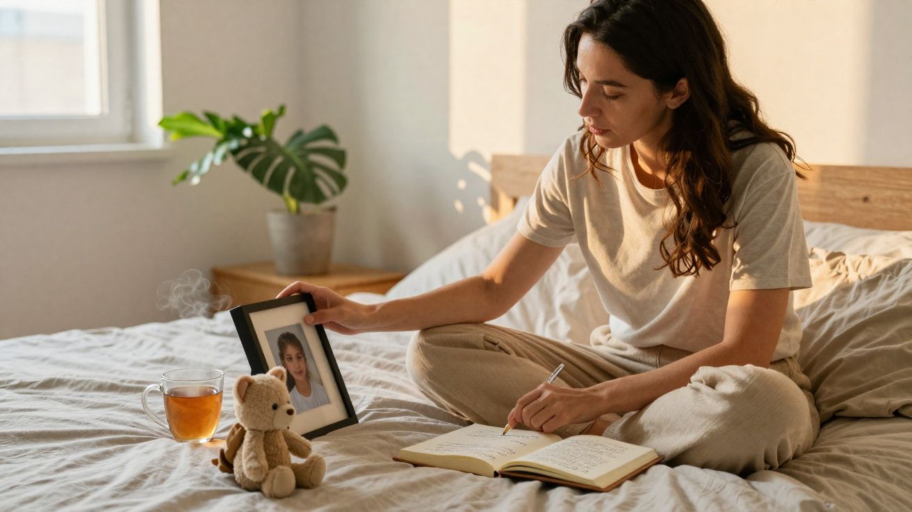 Mulher sentada na cama, segurando uma foto e escrevendo num caderno, com ursinho e chá ao lado.