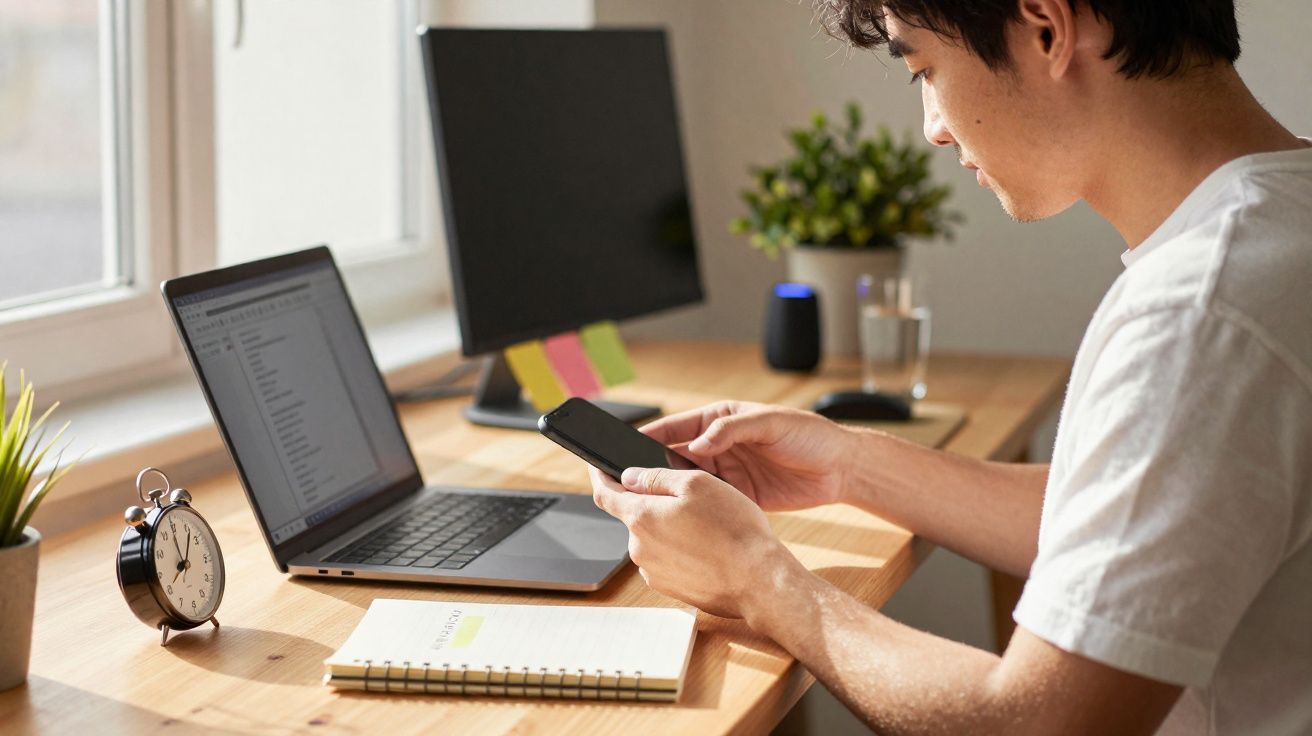 Homem sentado numa secretária a usar telemóvel, com computador portátil, alerta e caderno à sua frente.