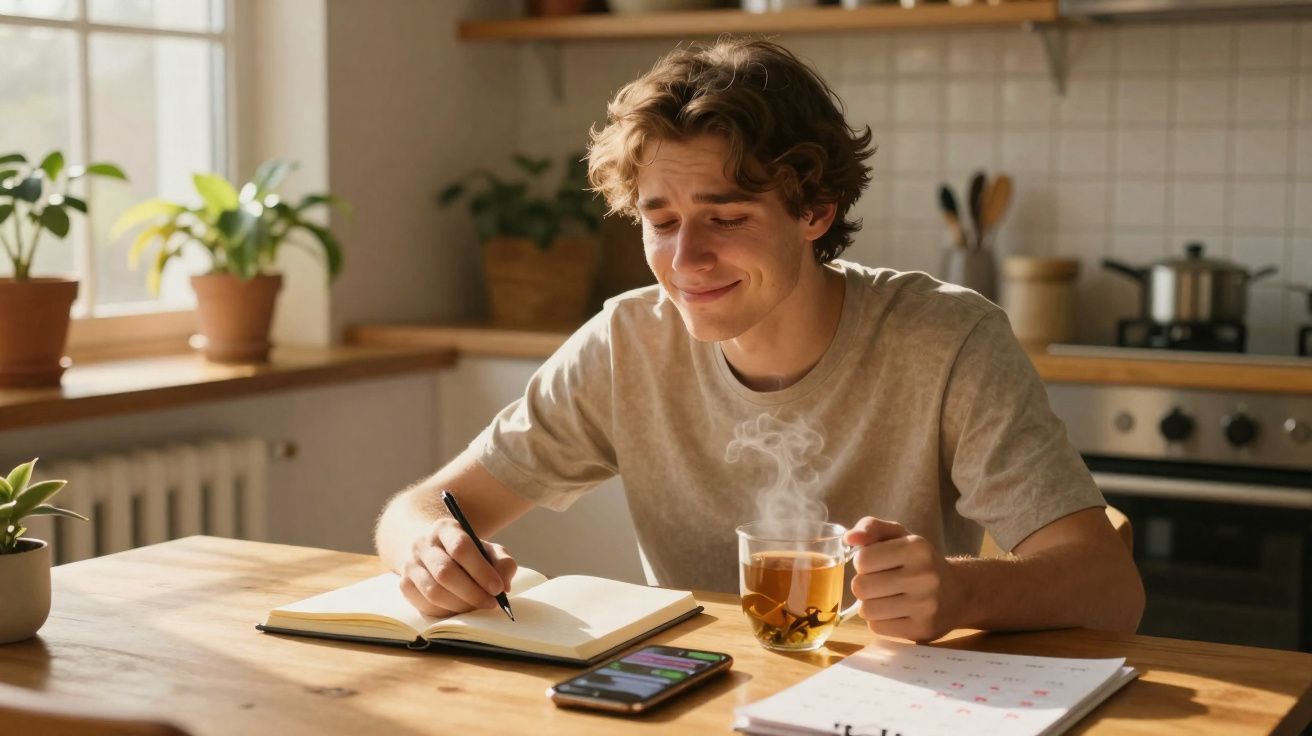 Homem jovem a escrever num caderno enquanto segura uma chávena de chá quente numa cozinha iluminada.