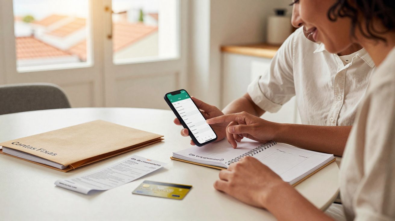 Duas pessoas a organizar contas e finanças com smartphone, caderno e cartões numa mesa branca.