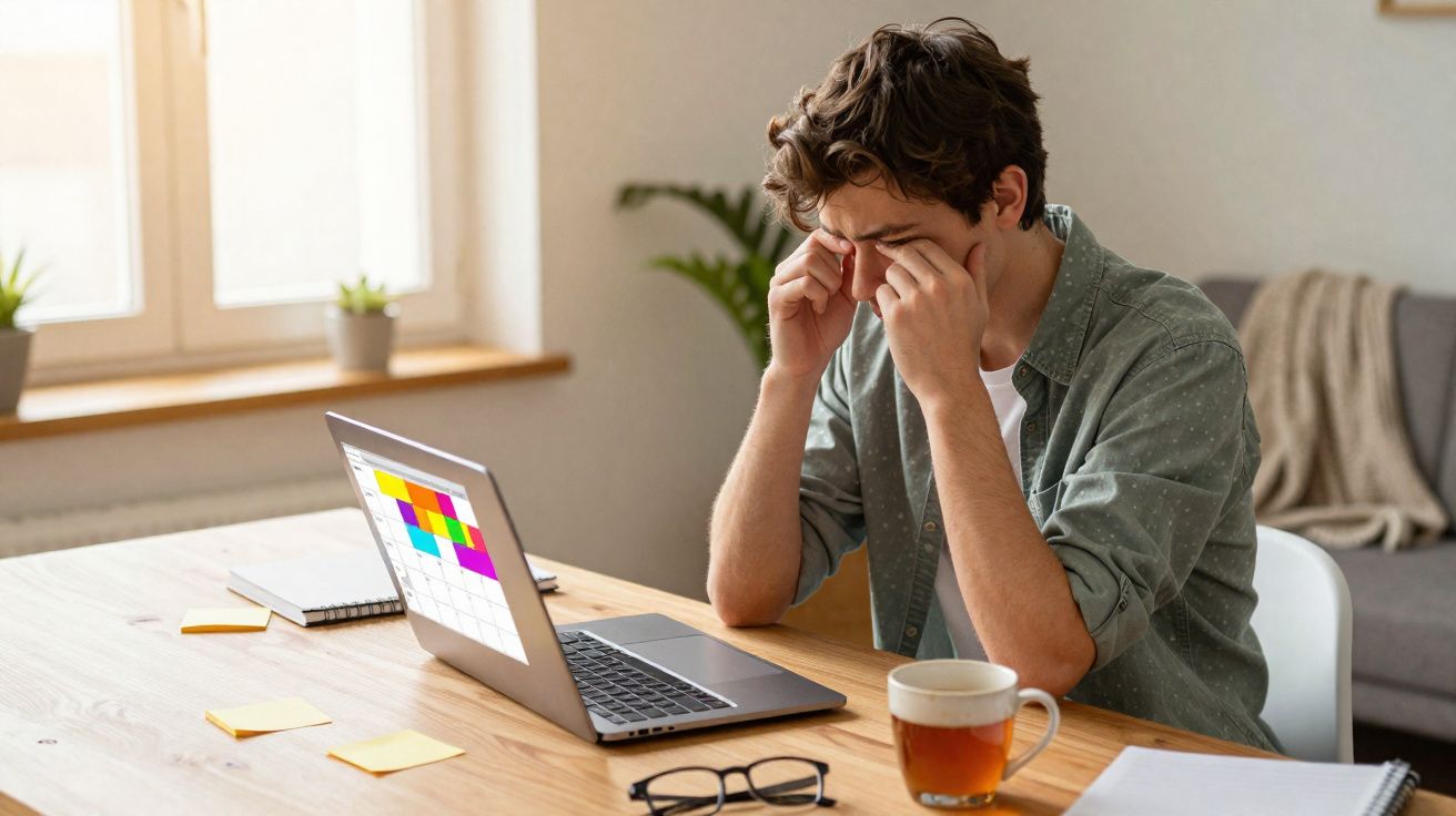 Jovem a esfregar os olhos sentado à mesa com computador portátil, chá e notas num ambiente doméstico.