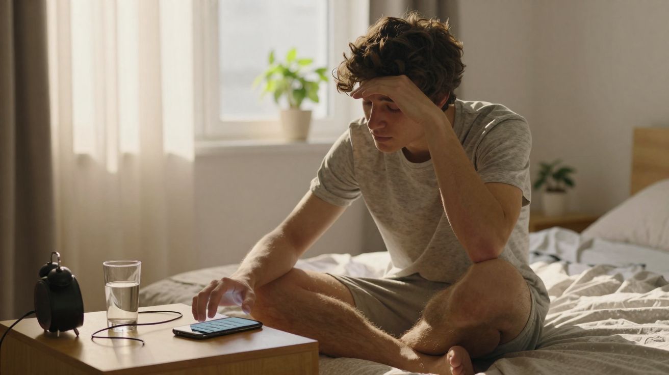 Homem sentado na cama, a olhar preocupado para um telemóvel sobre uma mesa de cabeceira com um despertador e um copo de água.