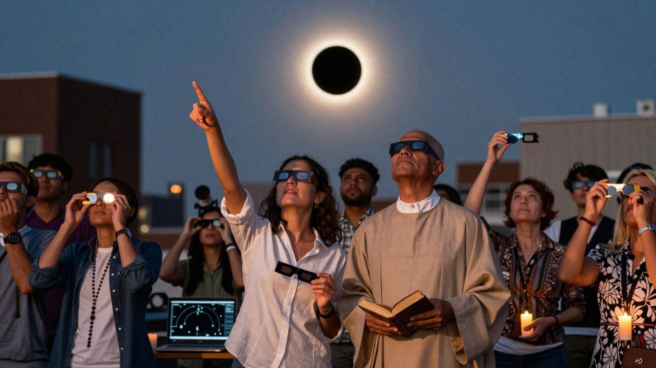 Grupo de pessoas com óculos especiais a observar eclipse solar total ao anoitecer na cidade.