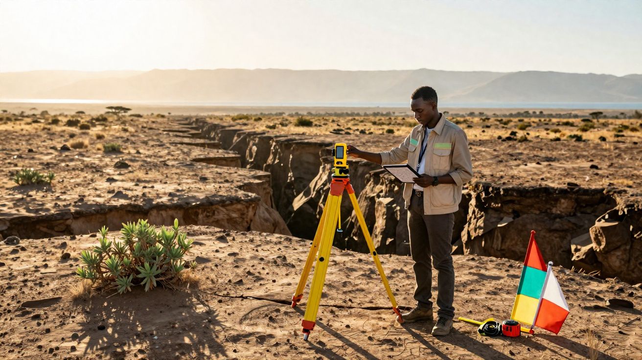 Homem a fazer levantamento topográfico com equipamento em tripé numa paisagem árida com fenda no chão.