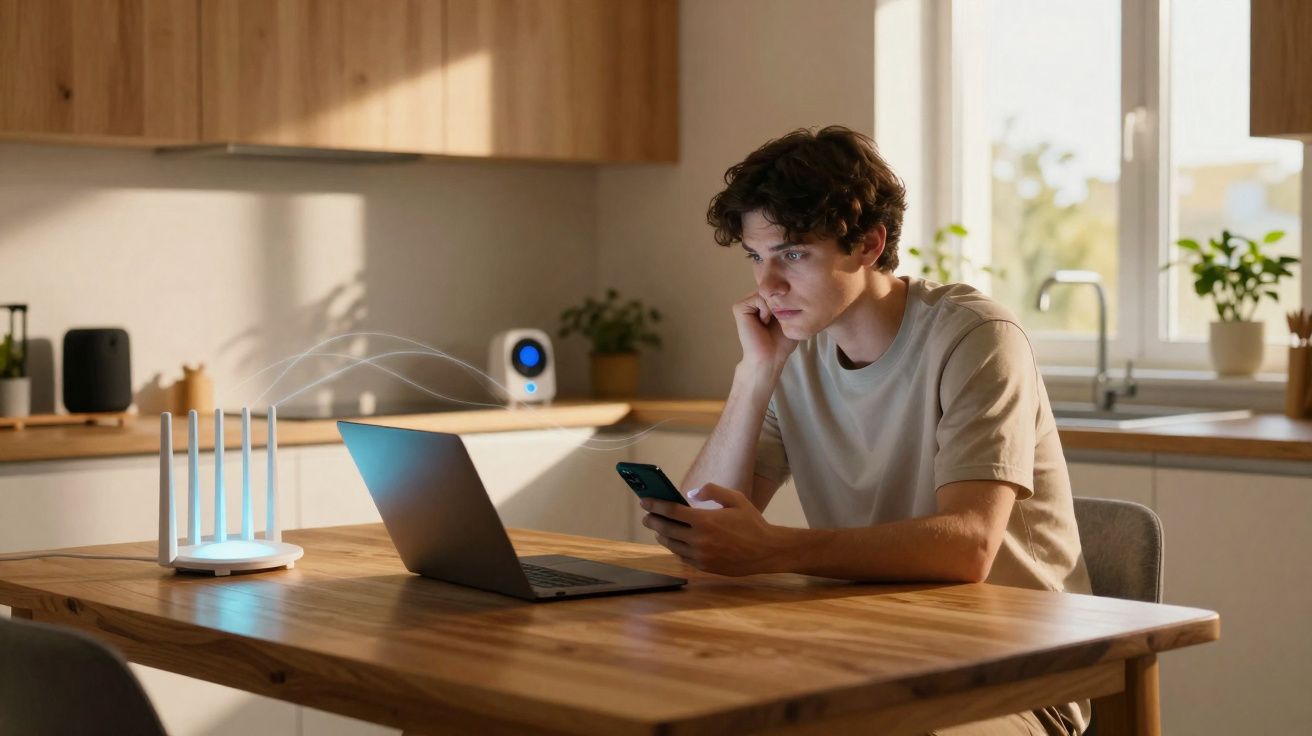 Jovem sentado à mesa a usar laptop e telemóvel, com router e luz natural numa cozinha moderna.