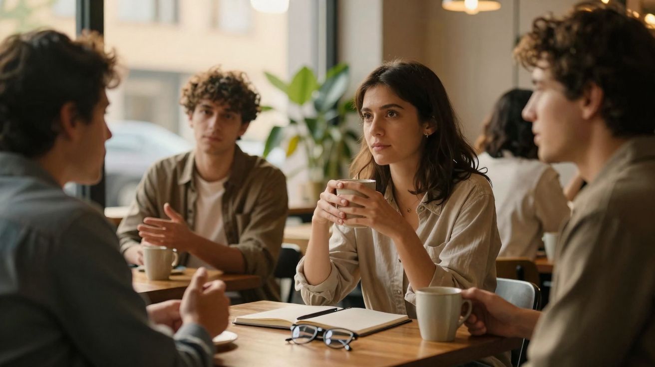 Grupo de jovens a conversar numa cafetaria, com bebidas e caderno sobre a mesa.