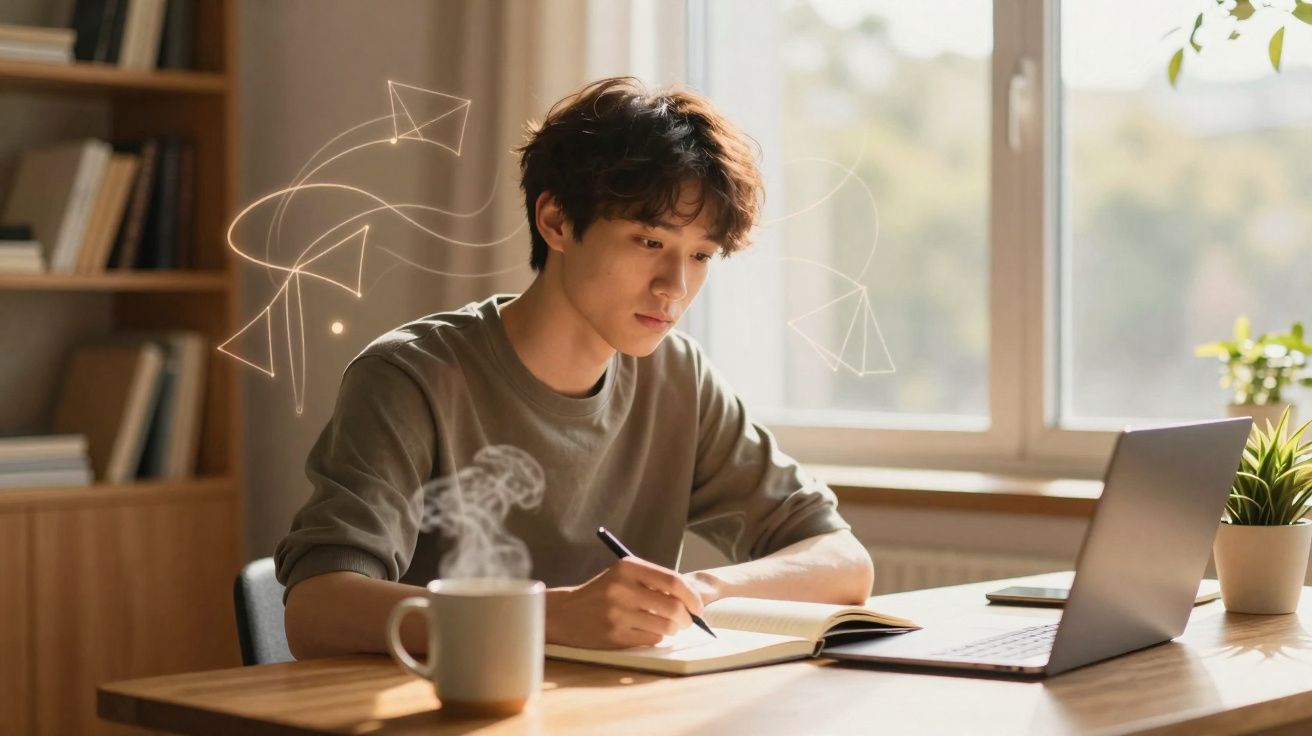 Jovem a escrever num caderno junto a um computador portátil numa mesa com luz natural e uma chávena fumegante.
