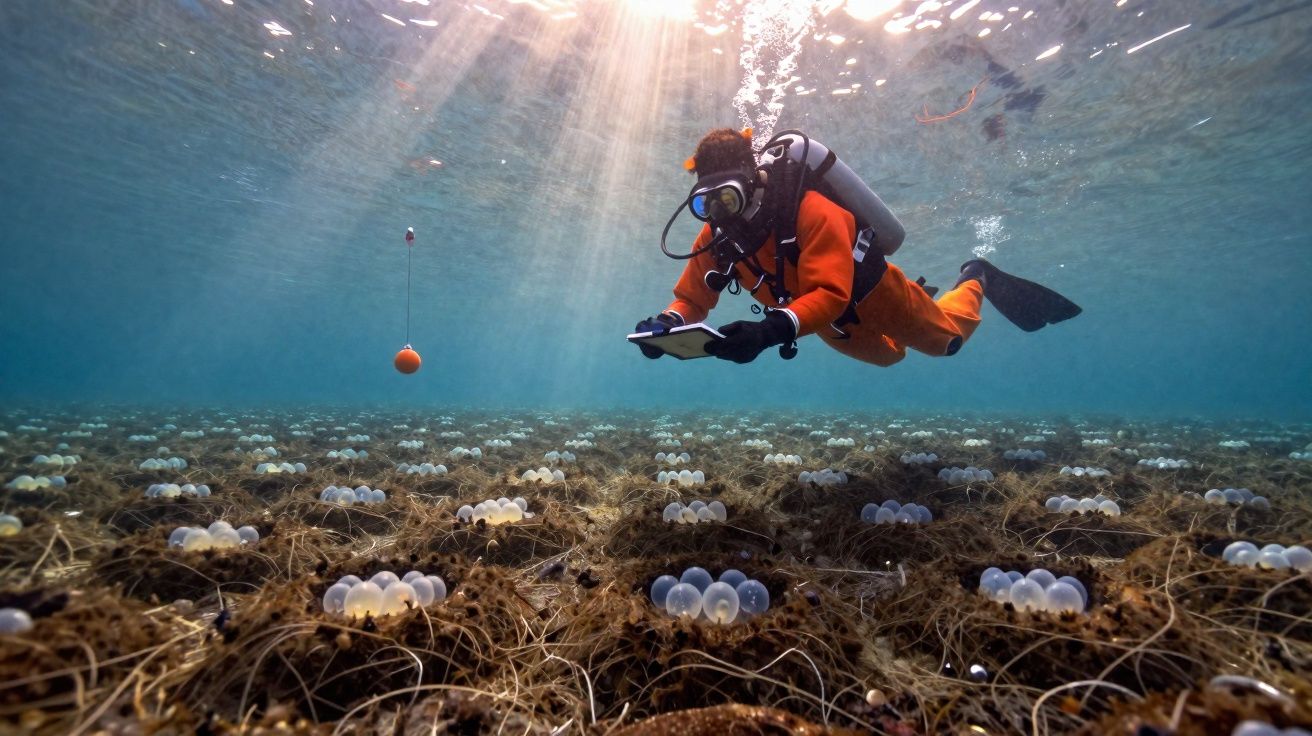 Mergulhador de fato vermelho inspeciona cestos de ovas no fundo do mar iluminado pela luz solar.