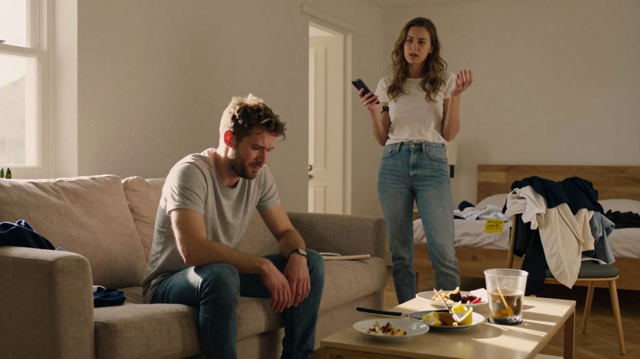 Homem sentado no sofá com expressão triste e mulher de pé a falar, parecendo zangada numa sala clara.
