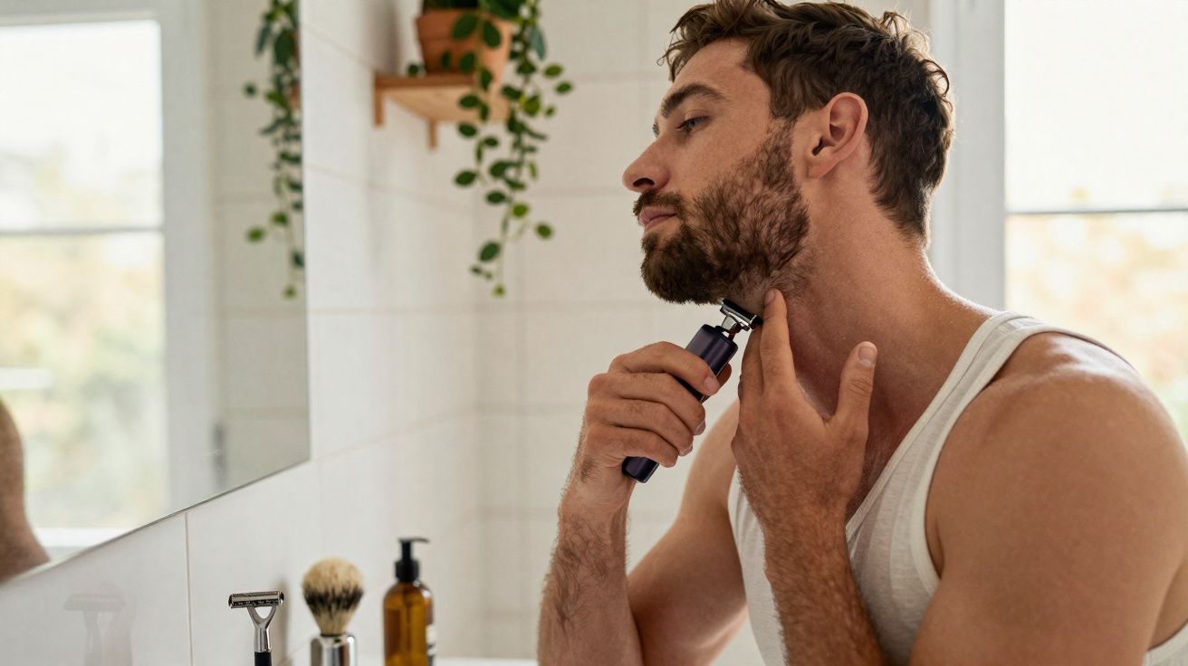 Homem a barbear a barba com aparador elétrico numa casa de banho clara e moderna.