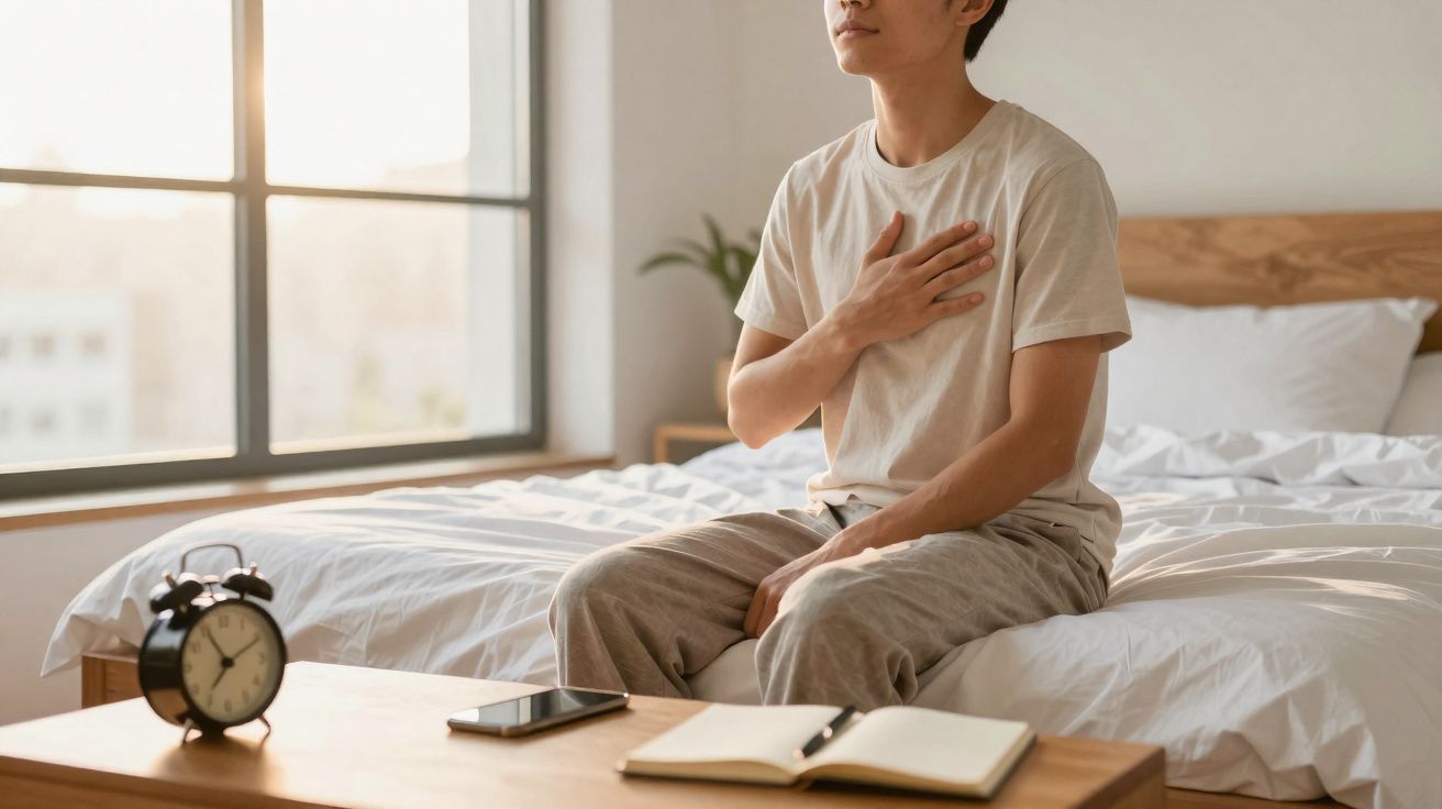 Pessoa sentada na cama de manhã, com mão no peito, ao lado de despertador, telemóvel e caderno numa mesa.