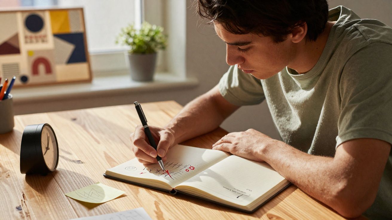 Jovem sentado a escrever num caderno aberto numa mesa de madeira com relógio e planta ao fundo.