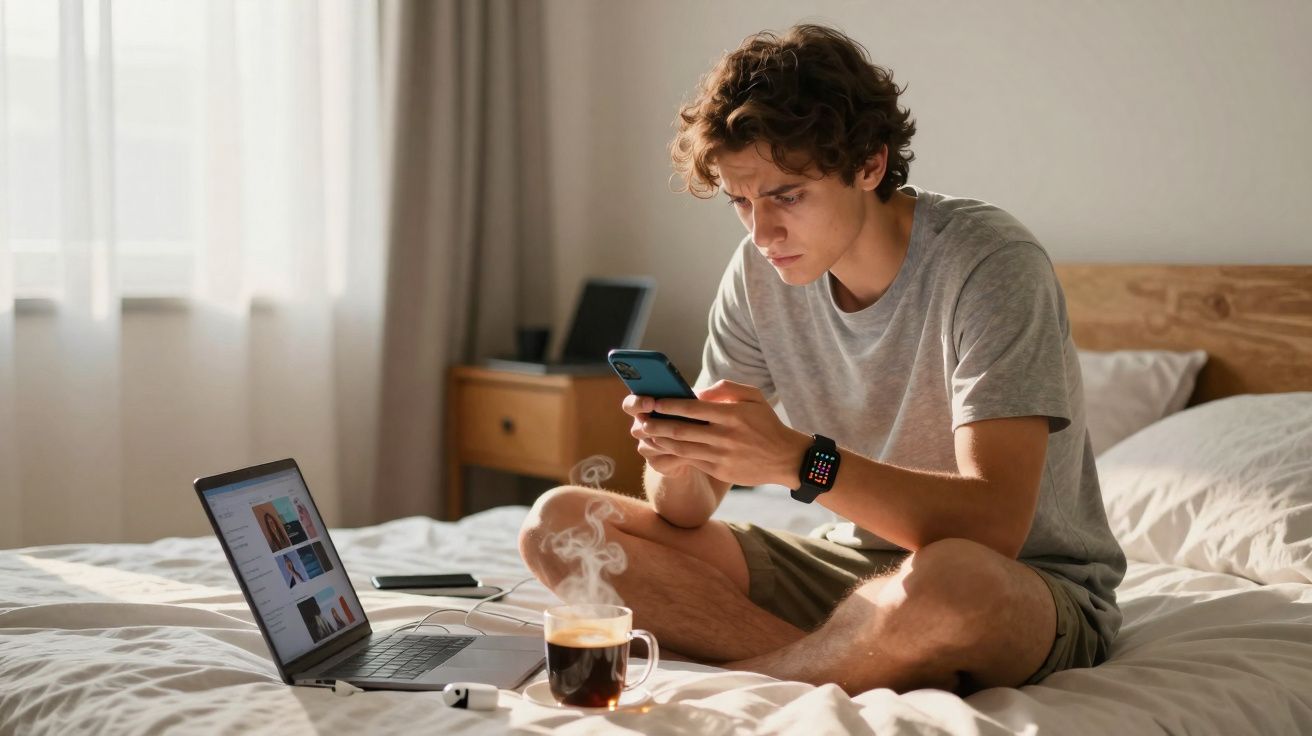 Jovem sentado na cama, a usar telemóvel, com portátil aberto e chá quente ao lado num quarto iluminado.