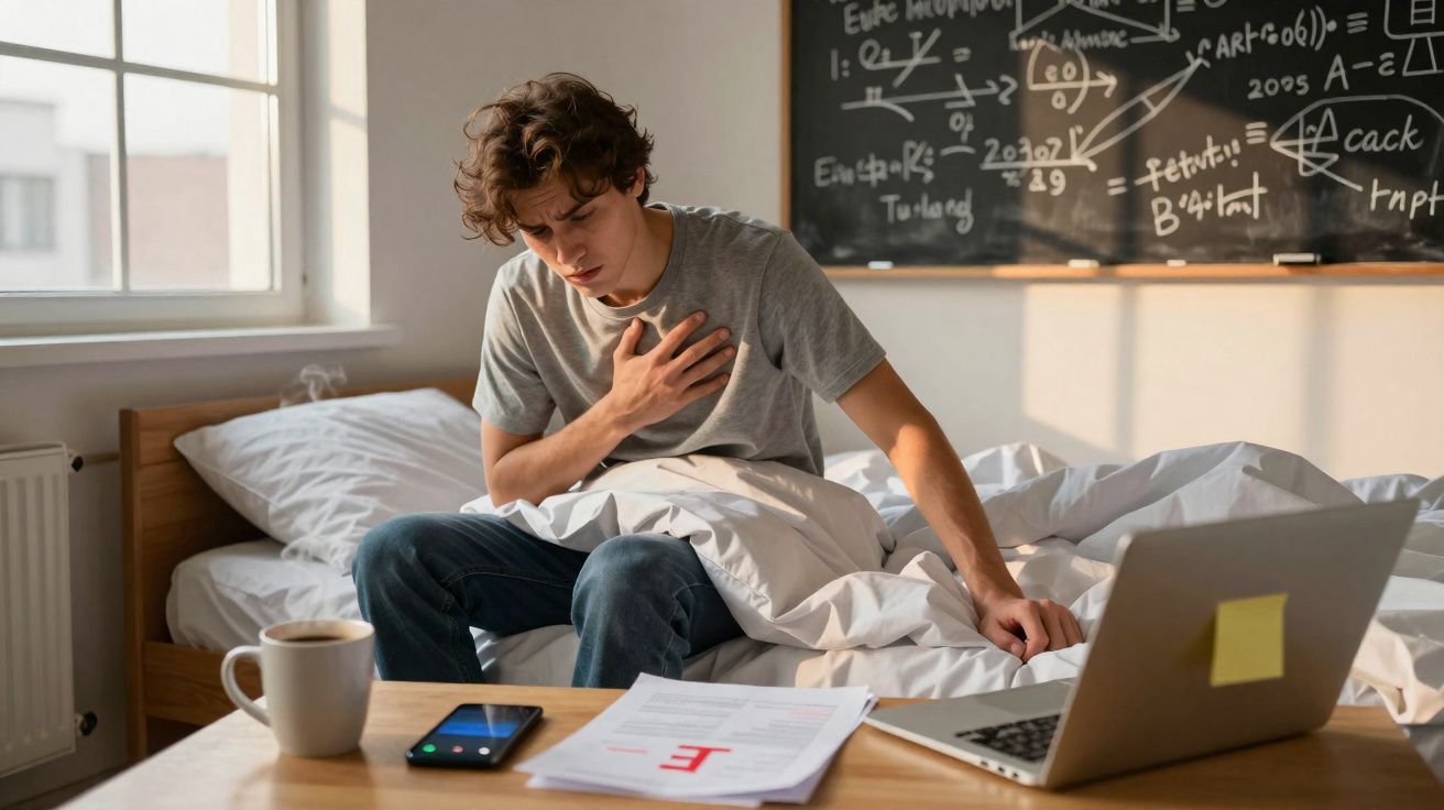 Jovem sentado na cama com mão no peito, aparentando dor, com laptop, documentos e telemóvel numa mesa à frente.