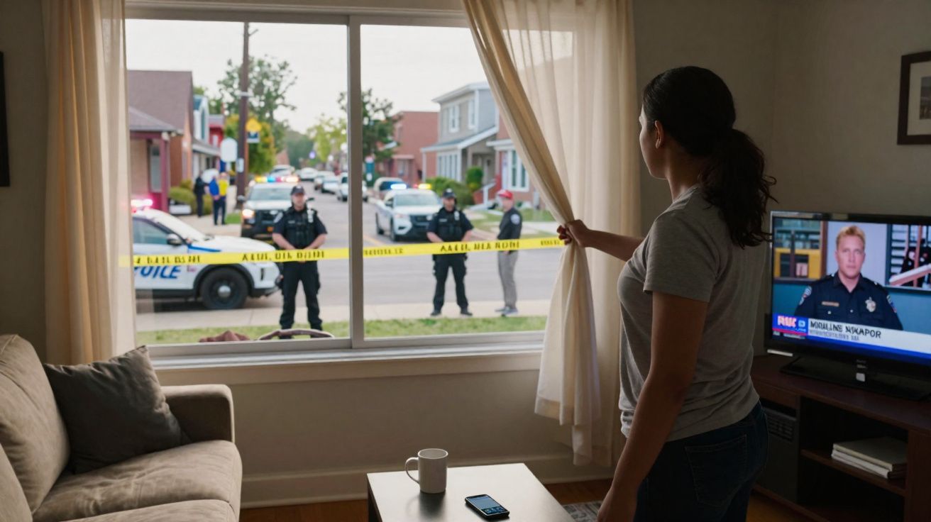Mulher observa cena policial com fita de isolamento vista pela janela da sua sala de estar.