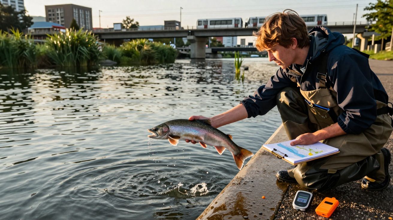 Cientista a libertar peixe num rio urbano, com metro e blocos ao fundo ao entardecer.