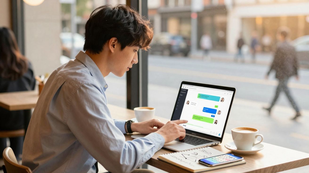 Jovem sentado à mesa de café a enviar mensagens num laptop, com telemóvel e café à sua frente.