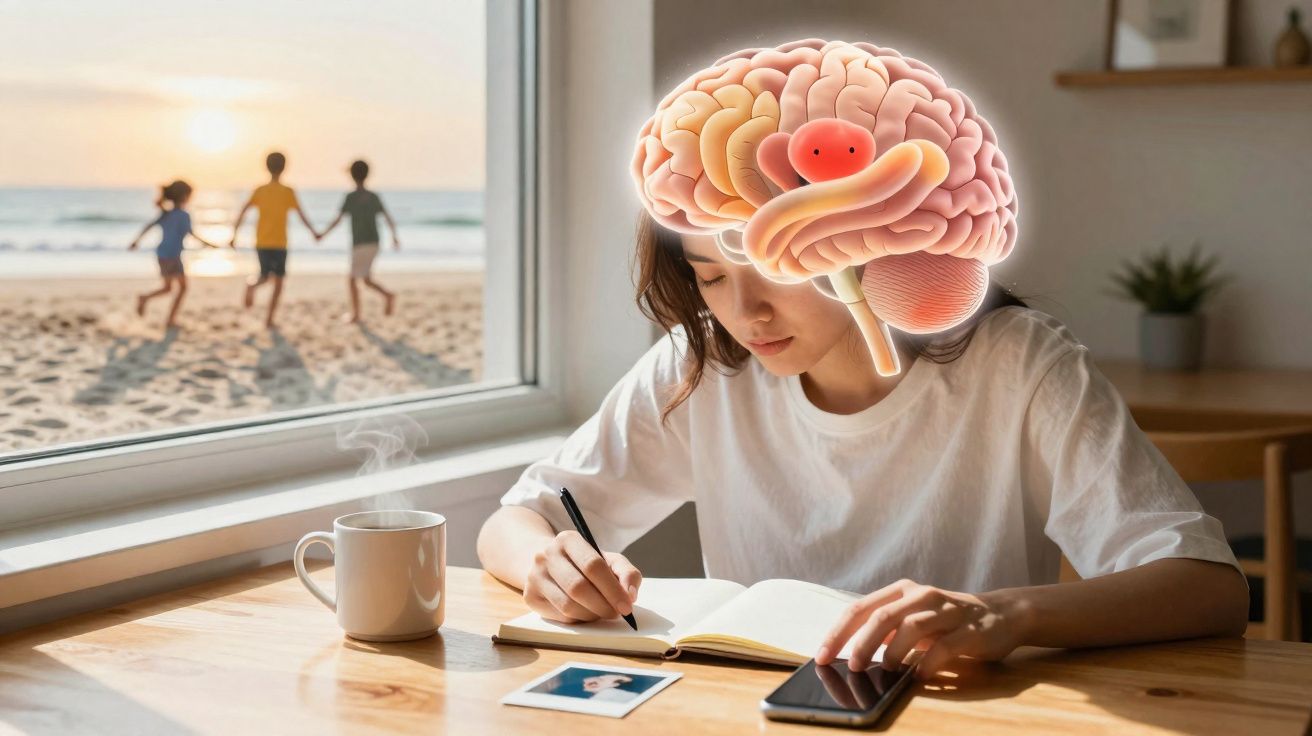 Jovem a escrever num caderno junto a uma janela, com ilustração do cérebro sobreposta na cabeça.