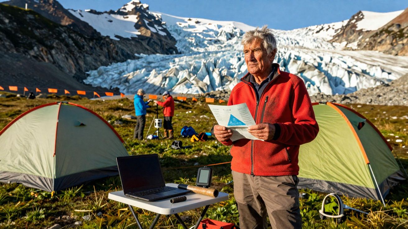 Homem idoso com casaco vermelho com mapa na mão numa área de campismo com glaciar ao fundo.